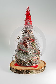 Christmas hand made fir isolated. Green red table decoration banner. Recycle nature materials green wood tree branches