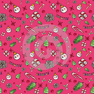 Christmas seamless pattern red. Festive winter background with hand drawn seasonal symbols and elements