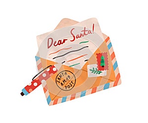 Christmas handwritten wish letter to Santa Claus. Pencil and open post envelope on Xmas eve. Traditional written paper