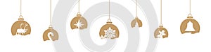 Christmas hanging baubles. Merry Christmas. Vector illustration. Gold hanging balls set. Christmas ornament or decoration