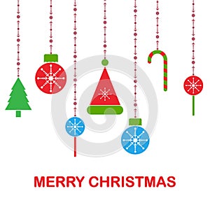 Christmas hanging decoration isolated on white background. Balls with snowflakes, candy, red santa hat, tree, lollipops. New year