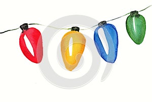 Christmas hanging light bulbs watercolor in red, yellow, blue, green
