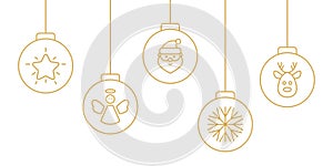 Christmas hanging line art balls on white background. Holiday gold baubles with snowflake, star, santa, christmas tree