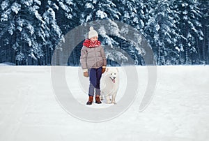 Christmas happy child walking with white Samoyed dog on snow in winter over snowy trees forest background