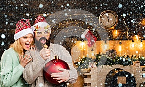 Christmas happy family. Couple in snow. Christmas Santa with bomb. Christmas Celebration holiday. Christmas man in