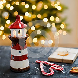 Christmas and Happy New Year background. Decorations, candles, candy cane, orange slices against Christmas tree with bokeh lights