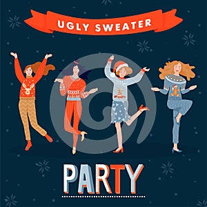 Christmas and Happy New Year banner template on ugly sweater party.