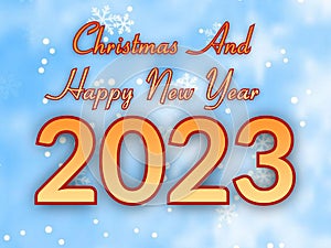 Christmas And Happy New Year 2023 With Beautiful Golden Glitter Typography And Calligraphy Text On Snowfall, snowflake Background.