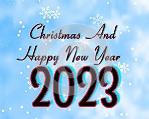 Christmas And Happy New Year 2023 Beautiful Typography And Calligraphy Text On Snowfall, snowflake Background.