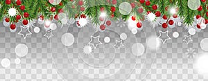 Christmas and happy New Year border of Christmas tree branches with holly berry on transparent background. Holidays decoration. Ve