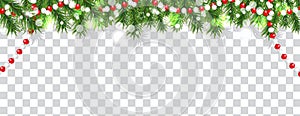 Christmas and happy New Year border of Christmas tree branches and beads on transparent background. Holidays decoration. Vector