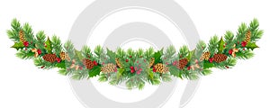 Christmas and Happy New Year border/wreath/garland with fir-tree tree branches and red berries, cones, acorns, mistletoe