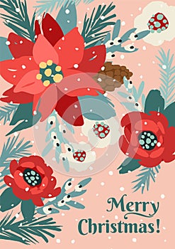Christmas and Happy New Year card with white Christmas tree and flowers. Trendy retro style. Vector design