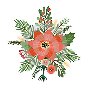 Christmas and Happy New Year flower arrangement. Christmas tree, flowers, berries. Isolated illustration.