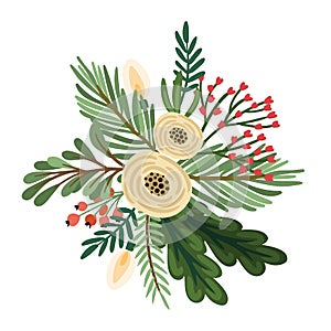 Christmas and Happy New Year flower arrangement. Christmas tree, flowers, berries. Isolated illustration.