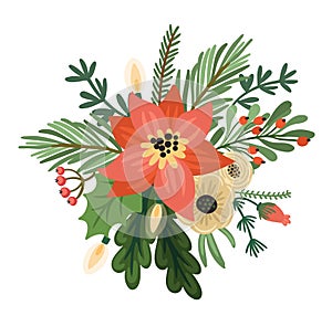 Christmas and Happy New Year flower arrangement. Christmas tree, flowers, berries. Isolated illustration.