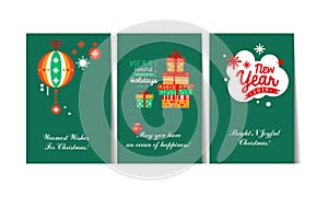 Christmas and Happy New Year gift cards with lettering and decorative elements set, templates can be used winter for