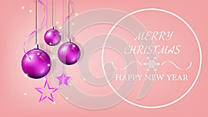 Christmas and Happy New Year greeting card background, realistic vector Christmas balls and snowflake, star hanging.