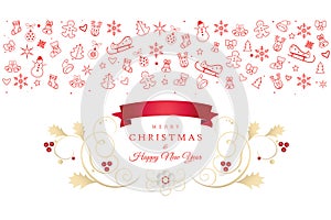 Merry Christmas and Happy New Year greeting card Xmas icons and symbols