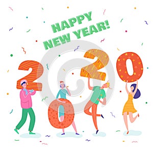 Christmas and Happy New Year greeting card with dancing people characters with 2020 year. Women invite and celebrate