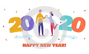 Christmas and Happy New Year greeting card with dancing people characters with 2020 year. Women invite and celebrate