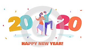 Christmas and Happy New Year greeting card with dancing people characters with 2020 year. Women invite and celebrate