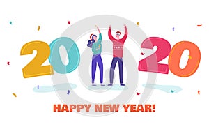 Christmas and Happy New Year greeting card with dancing people characters with 2020 year. Women invite and celebrate