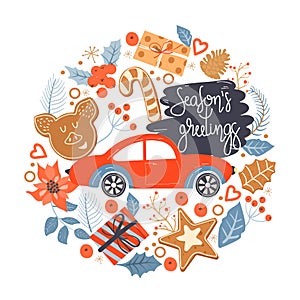 Christmas and Happy New Year greeting card with retro car, Christmas gift, cookies; holly leaves and lettering.