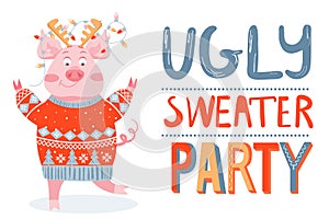 Christmas and Happy New Year greeting card on ugly sweater party. Illustration with happy pig in sweaters.