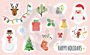 Christmas and Happy New Year holiday stickers set. Colorful festive vector illustrations collection. Happy holidays