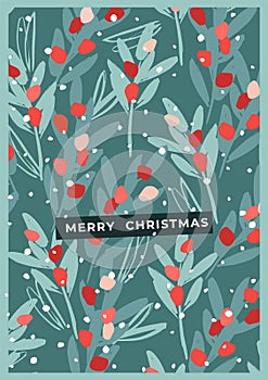 Christmas and Happy New Year illustration with with branches, leaves, berries, snowflakes. Trendy retro style. Vector