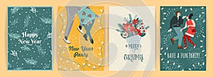 Christmas and Happy New Year illustration for cards and other use. Trendy retro style. Vector designs