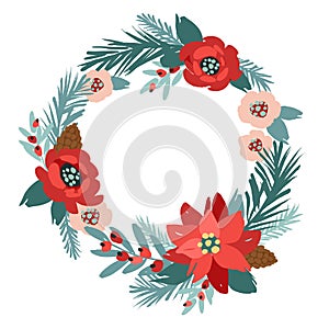 Christmas and Happy New Year illustration with Christmas wreath. Vector isolated design