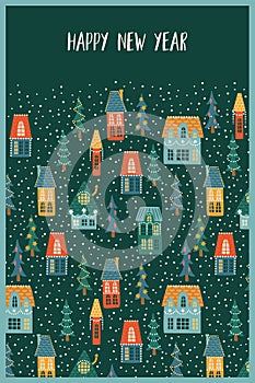 Christmas and Happy New Year illustration. City, houses, Christmas trees, snow. New Year symbols. Vector design.