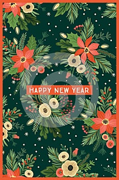 Christmas and Happy New Year illustration with flower arrangement. Christmas tree, flowers, berries. New Year symbols