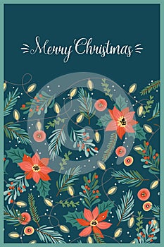 Christmas and Happy New Year illustration with flower arrangement. New Year symbols. Vector design