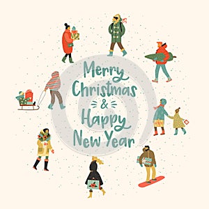 Christmas and Happy New Year illustration whit people. Trendy retro style.