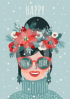 Christmas and Happy New Year illustration of young woman. Trendy retro style. Vector design.