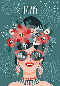 Christmas and Happy New Year illustration of young woman. Trendy retro style. Vector design.