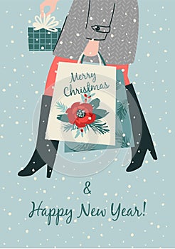 Christmas and Happy New Year isolated illustration. Lady carries gifts. Trendy retro style. Vector design.