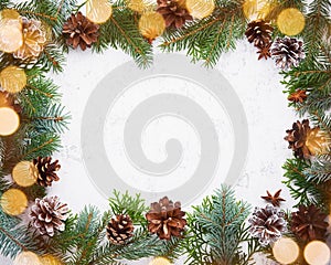 Christmas and Happy New Year light white background. Frame with garland lights