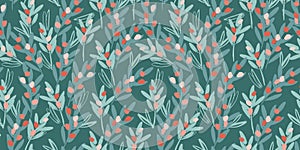 Christmas and Happy New Year seamless pattern. Branches, leaves, berries. New Year symbols. Trendy retro style. Vector