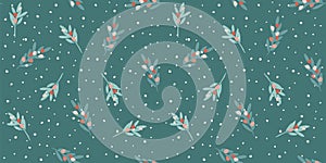 Christmas and Happy New Year seamless pattern. Branches, leaves, berries, snowflakes. New Year symbols. Trendy retro