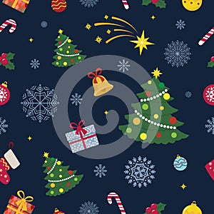 Christmas and Happy New Year seamless pattern with Christmas toys and gifts Vector