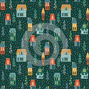 Christmas and Happy New Year seamless pattern. City, houses, Christmas trees, snow.