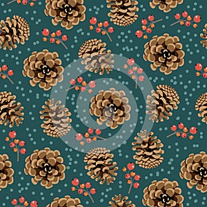 Christmas and Happy New Year seamless pattern. Endless cartoon vector with pinecone and berries. photo