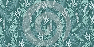 Christmas and Happy New Year seamless pattern. Spruce branches, snowflakes, snow. Trendy retro style. Vector design