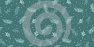 Christmas and Happy New Year seamless pattern. Spruce branches, snowflakes, snow. Trendy retro style. Vector design