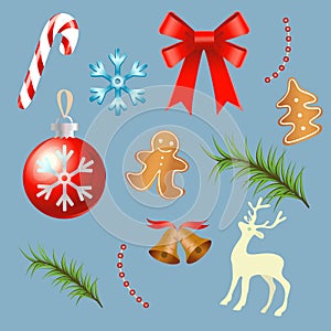 Christmas and Happy New Year Set. Collection of Party Objects and Decorations. Isolated Vector illustration.