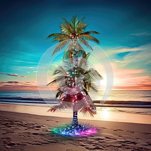 Christmas, Happy New year in summer, hot weather vacations concept. Holiday tree with garland standing on sandy ocean